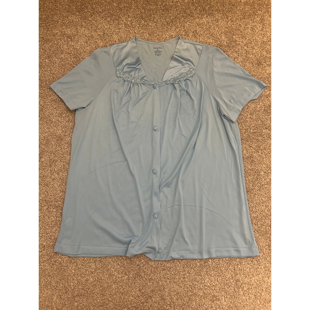 Vanity Fair Pajama Top Womens Medium Blue Excellent Embroidered Button Front